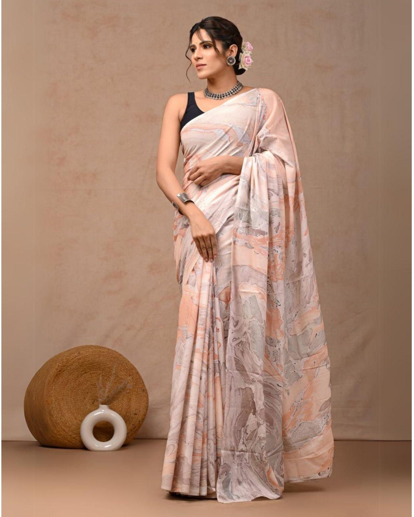 Indiehaat | Pure Mulmul Cotton Saree Pinkish Beige Color handblock printed with Running Blouse