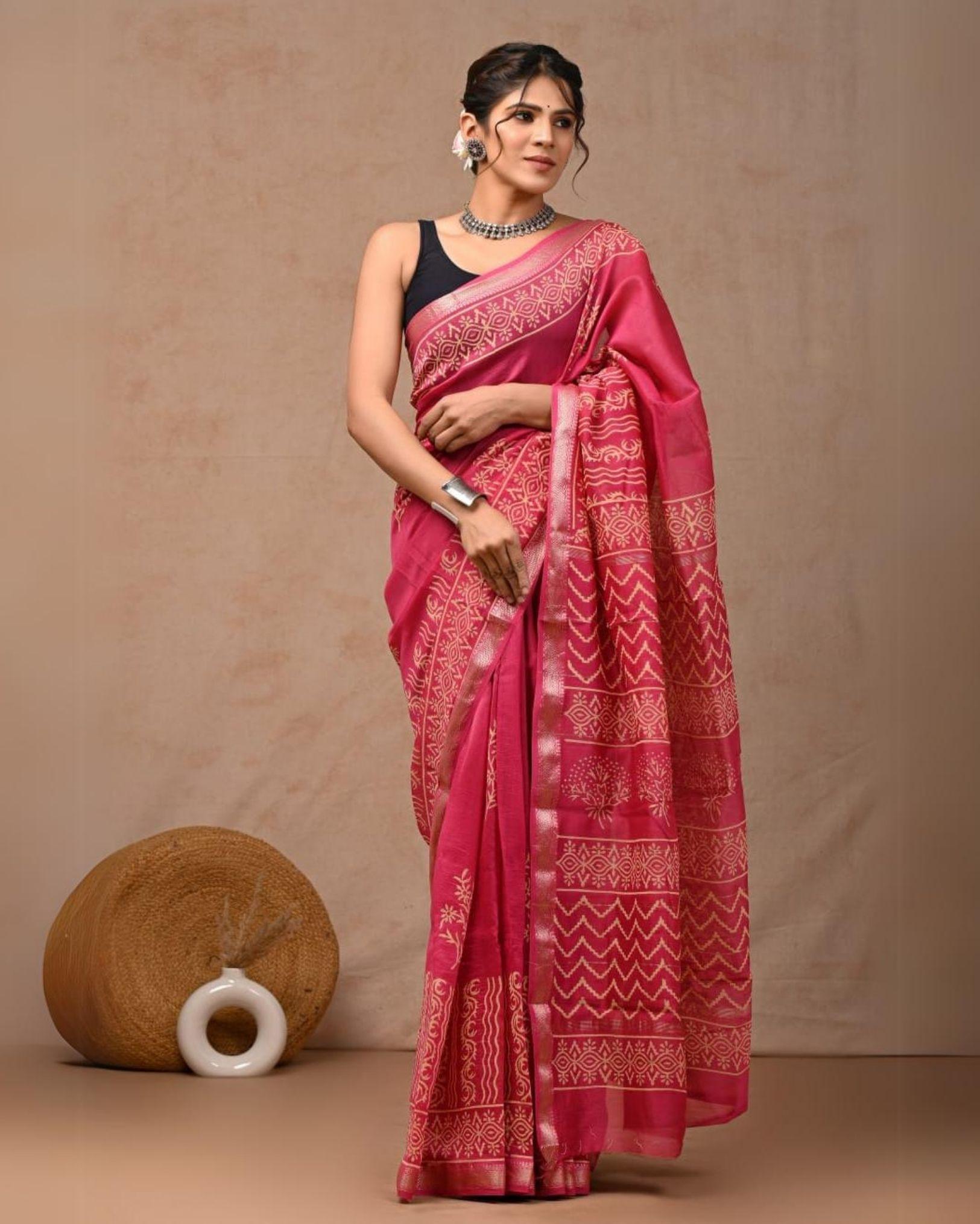 Indiehaat | Maheshwari Silk Saree Dark Pink Color Bagru Handblock Printed with Running Blouse (Silk by Silk)