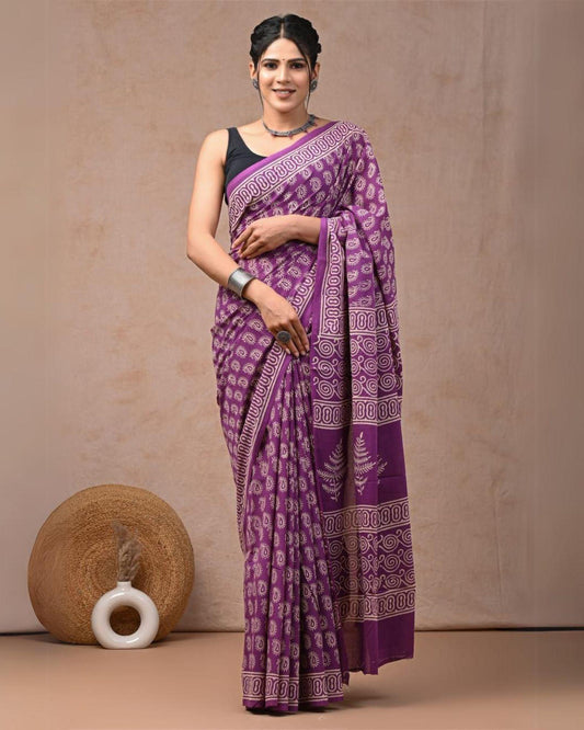 Indiehaat | Mulmul Cotton Saree Royal Purple Color Handblock Printed with Running Blouse