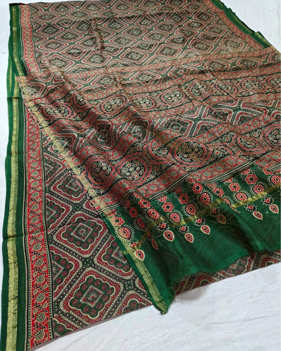 Indiehaat | Chanderi Silk Ajrakh Print Saree Green