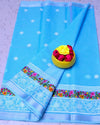 Indiehaat | Kota Doria Sky-Blue Saree Embroidery with Running Blouse