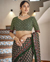 Indiehaat | Blockprinted Mul Cotton Green Saree