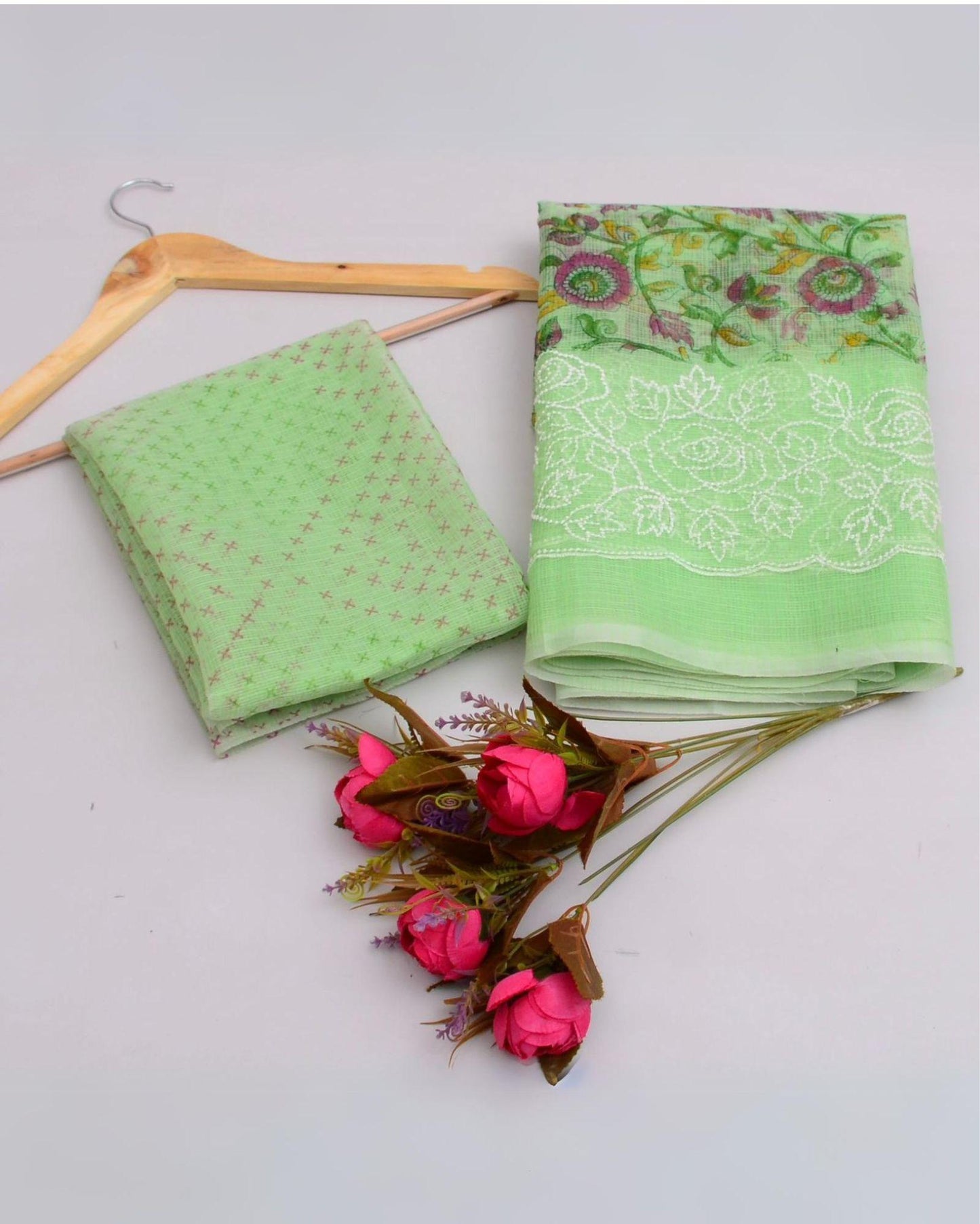 Indiehaat | Kota Doria Printed Green Saree Embroidery with Blouse Piece