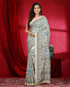 Indiehaat | Kashmiri Silk Beige & Blue Printed Saree