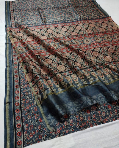 Indiehaat | Chanderi Silk Ajrakh Print Saree Blue