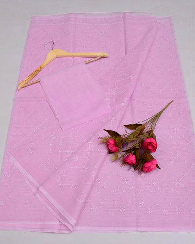 Indiehaat | Pure Cotton Kota Doria Pink Saree Embroidered