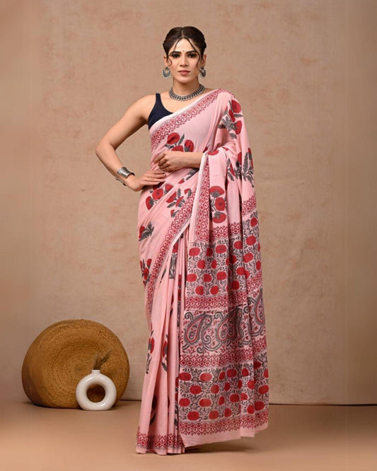 Indiehaat | Pure Mulmul Cotton Saree Light Pink Color handblock printed with Running Blouse