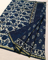 Indiehaat | Indigo Blockprint Pure Chanderi Silk Saree | Elegance in Blue