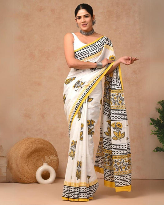 Indiehaat | Pure Mulmul Cotton Saree White Color handblock printed with Running Blouse
