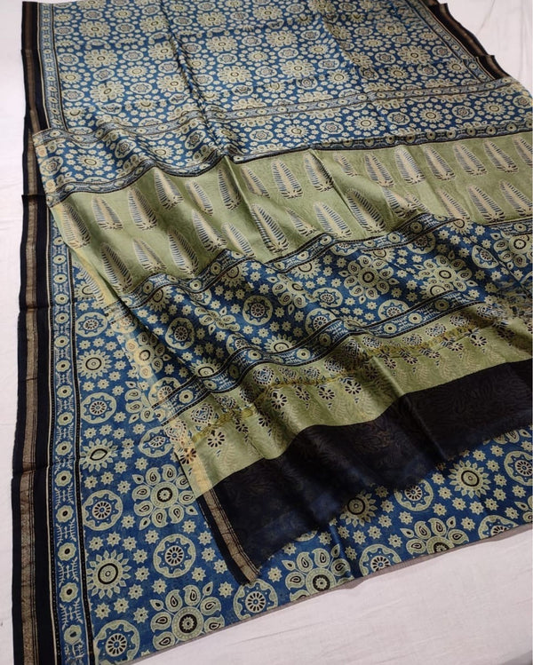 Indiehaat | Chanderi Silk Ajrakh Print Saree Blue