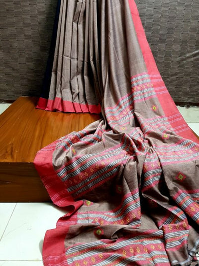 Pure Cotton Handloom Saree Brown -Indiehaat