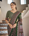 Indiehaat | Blockprinted Mul Cotton Green Saree