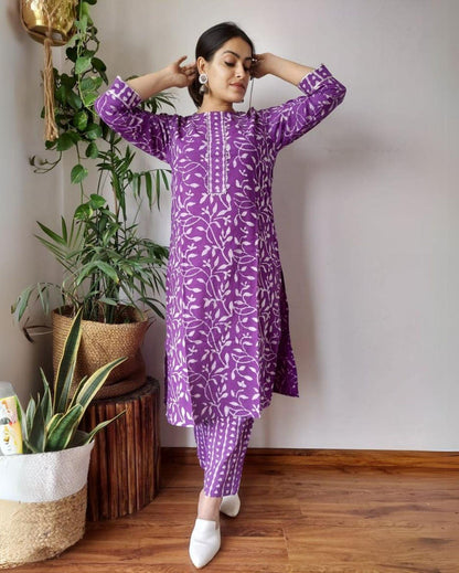 Indiehaat | Cotton Stitched Kurti Purple Color Handblock Printed With Pant