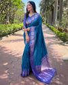 Indiehaat | Soft Silk Floral Border Contrast Zari Woven Rama Blue Saree