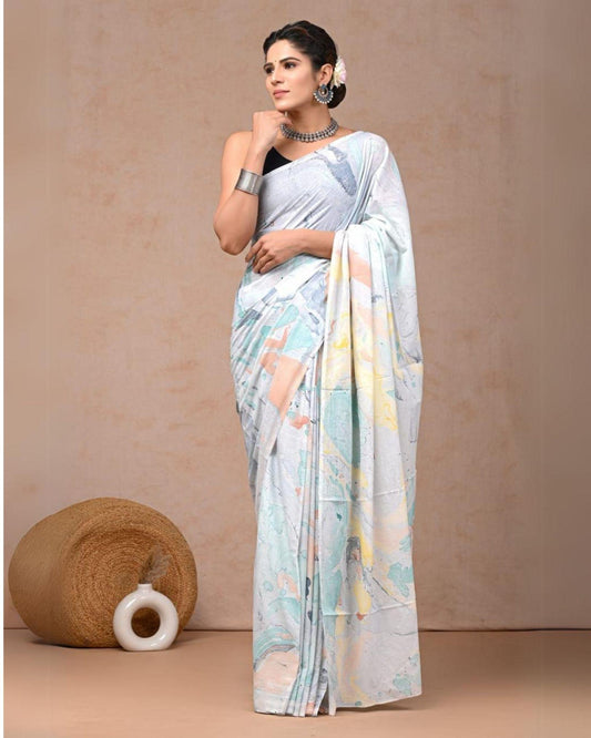 Indiehaat | Pure Mulmul Cotton Saree Pastel Gray Color handblock printed with Running Blouse