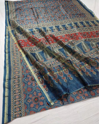 Indiehaat | Chanderi Silk Ajrakh Print Saree Blue
