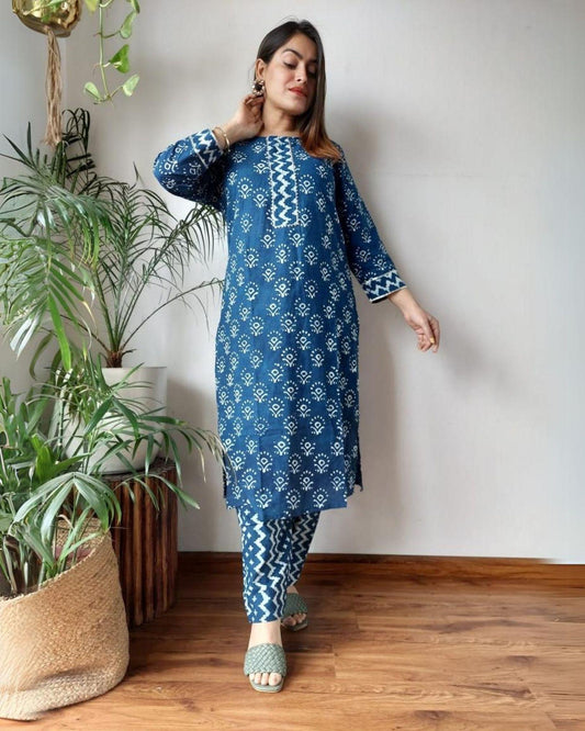 Indiehaat | Cotton Stitched Kurti Blue Color Handblock Printed With Pant