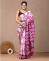 Indiehaat | Pure Mulmul Cotton Saree White and Rose Pink Color handblock printed with Running Blouse