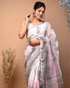 Indiehaat | Blockprinted Kota Doria White Saree | Elegant