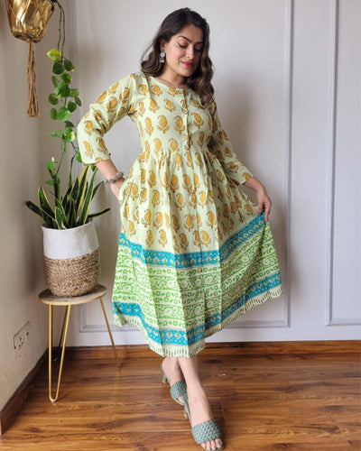 Indiehaat | Blockprinted Cotton Long Dress Yellow