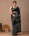 Indiehaat | Pure Mulmul Cotton Saree Black Color handblock printed with Running Blouse