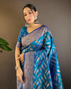 Indiehaat | Soft Silk Paan Triple Zari Woven Blue Saree