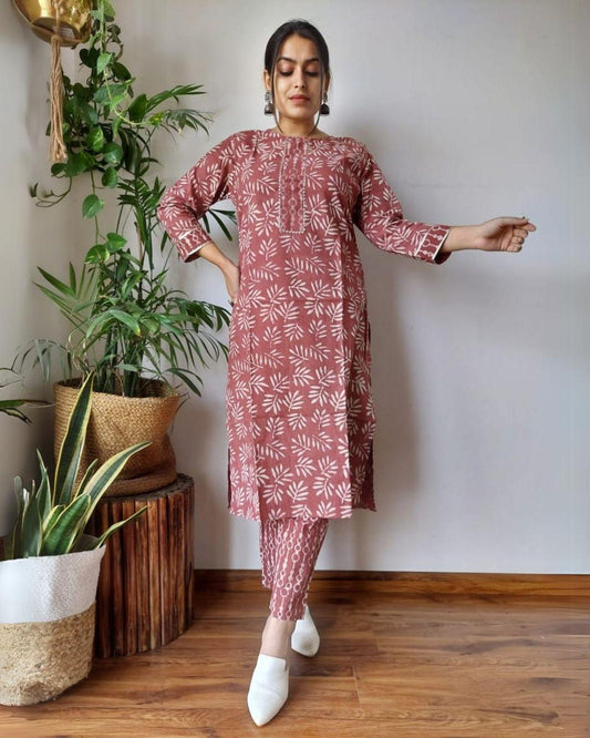 Indiehaat | Cotton Stitched Kurti Maroon Color Handblock Printed With Pant