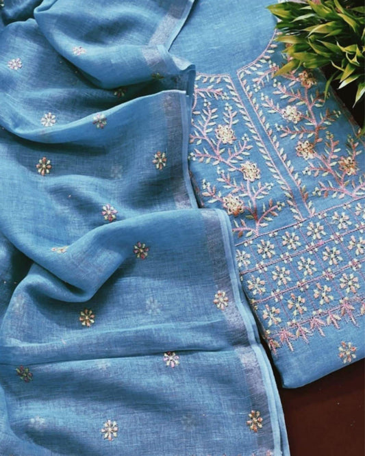 Indiehaat | Pure Linen Embroidered Suit Piece Sky Blue Color (Top+Dupatta) With Linen Bottom