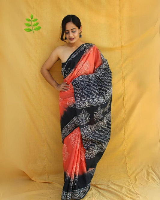 Indiehaat | Pure Mulmul Cotton Saree Red Color handblock printed with Running Blouse