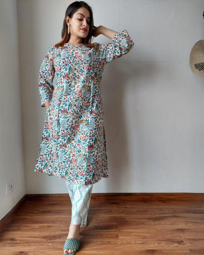 Indiehaat | Cotton Stitched Kurti Multi Color Handblock Printed With Pant