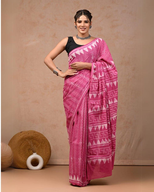 Indiehaat | Pure Mulmul Cotton Saree Crimson Pink Color handblock printed with Running Blouse