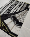 Indiehaat | Blockprint Chanderi Silk Saree in Black & White | Elegant Monochrome Saree