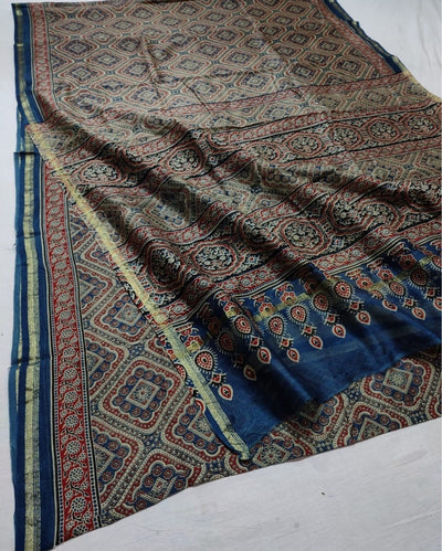 Indiehaat | Chanderi Silk Ajrakh Print Saree Multicolor