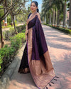 Indiehaat | Banarasi Jaal Katan Silk Zari Woven Wine Saree