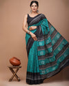 Indiehaat | Pure Mulmul Cotton Saree Deep Aqua Color Bagru Handblock Print with Running Blouse