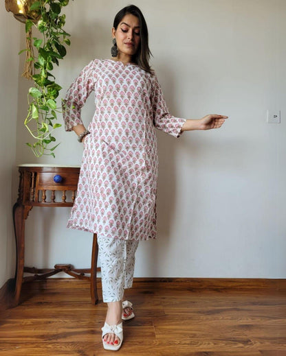 Indiehaat | Cotton Stitched Kurti Beige Color Handblock Printed With Pant