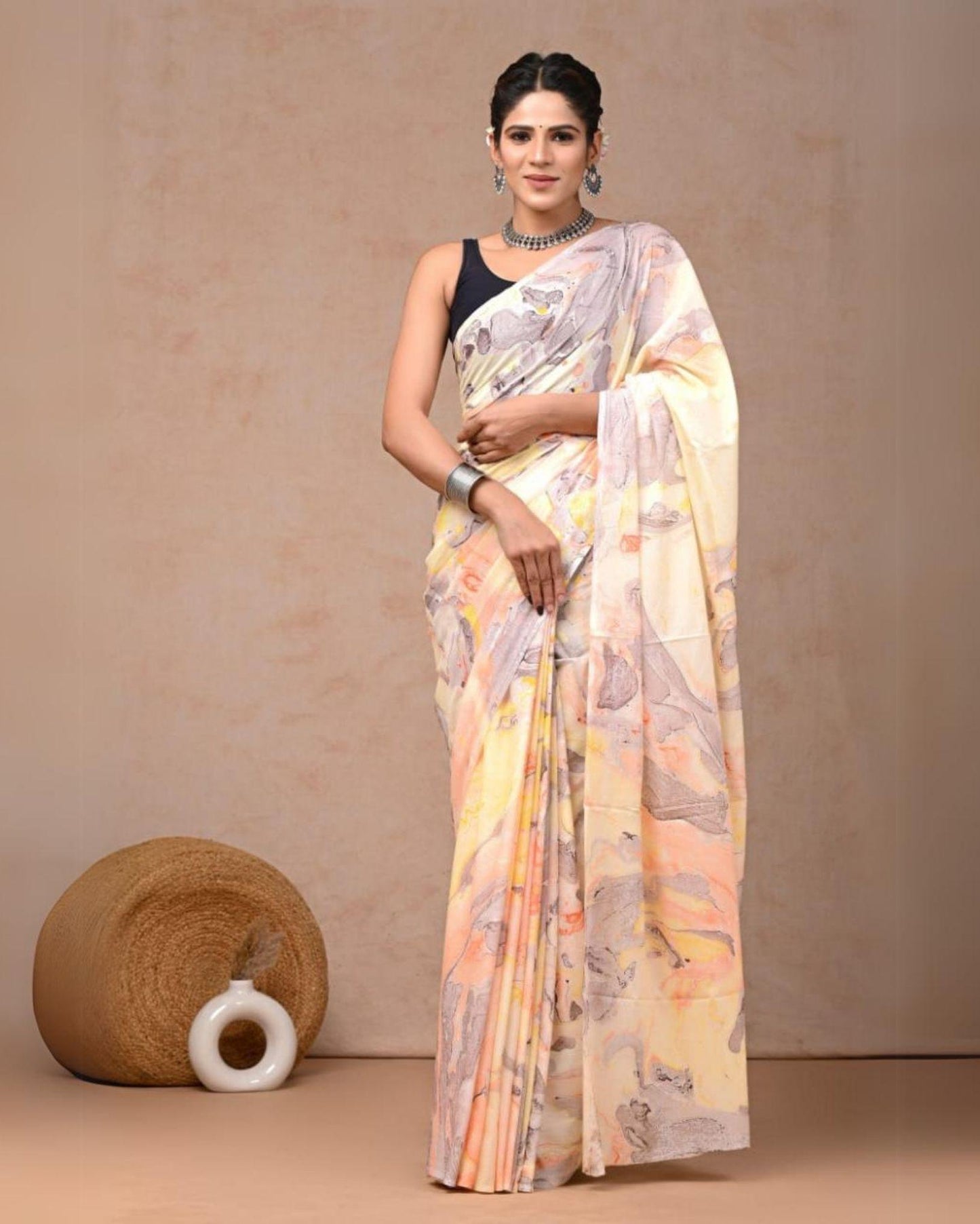 Indiehaat | Pure Mulmul Cotton Saree Pastel Yellow Color handblock printed with Running Blouse