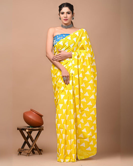 Indiehaat | Pure Mulmul Cotton Saree yellow Color Bagru Handblock Print with Running Blouse
