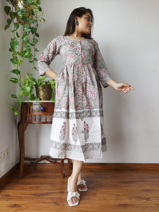 Indiehaat | Cotton Long One Piece Dress Gray Color Bagru Hand Printed Size 36 to 46