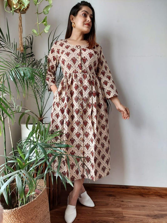 Indiehaat | Cotton Long One Piece Dress White and Blue Color Bagru Hand Printed Size 36 to 46