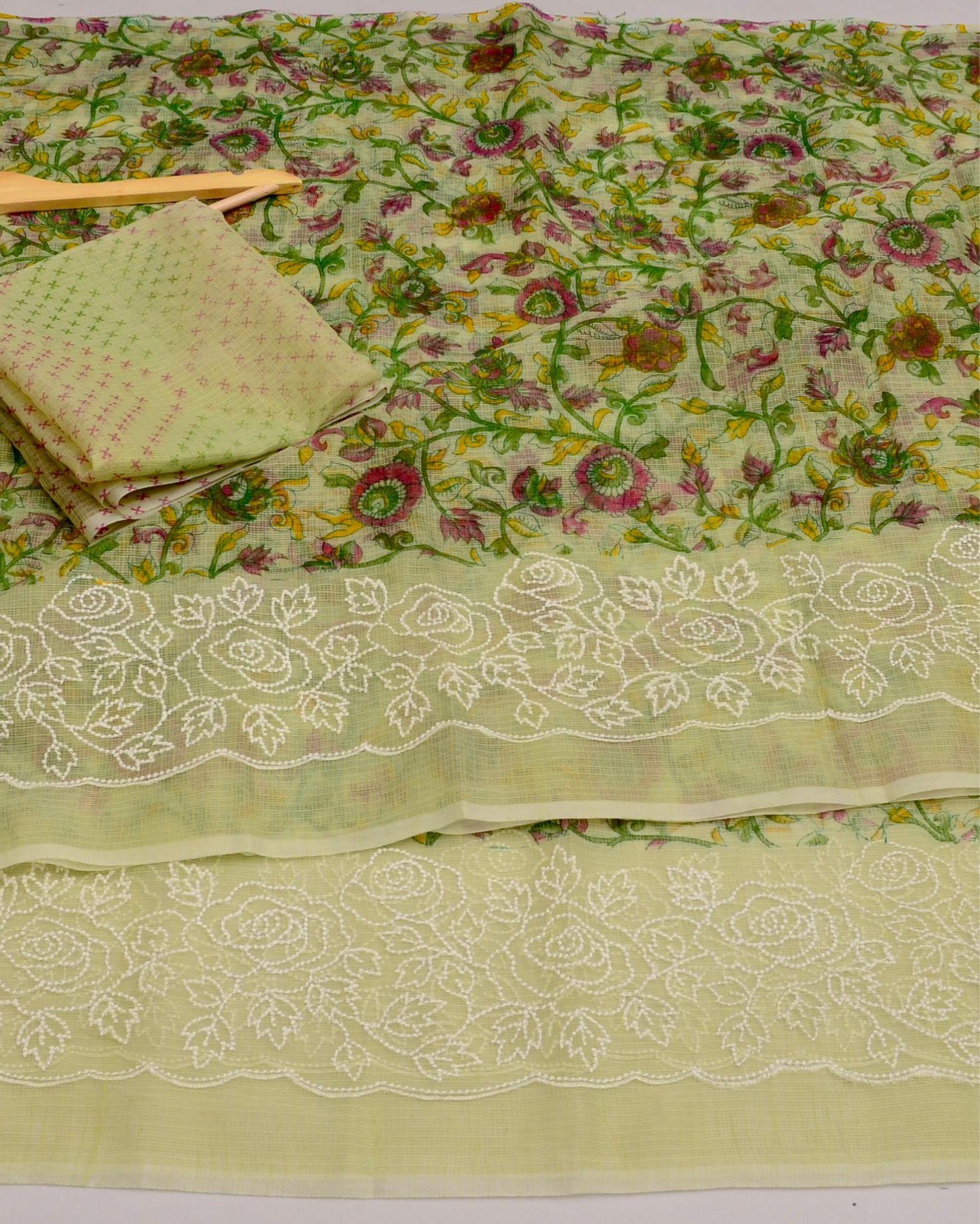 Indiehaat | Kota Doria Printed Olive Green Saree Embroidery with Blouse Piece