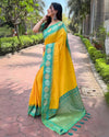 Indiehaat | Soft Silk Floral Border Contrast Zari Woven Yellow Saree