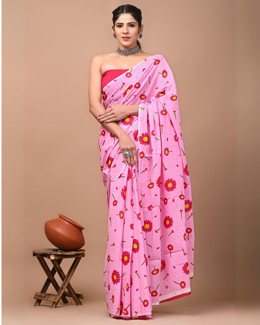 Indiehaat | Pure Mulmul Cotton Saree  Baby Pink Color Bagru Handblock Print with Running Blouse