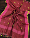 Indiehaat | Pure Linen Dark Red Dupatta With Weaving Flower Pattern
