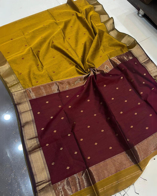 Indiehaat|Maheshwari Silk Mustrad Yellow Saree Meena Buti Rewa Border Running Blouse