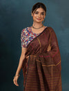 Sophisticated Pure Linen Kantha Work Saree Brown