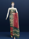Khadi Cotton Batik Handblock Print Green  Suit Piece with Bottom and Dupatta-Indiehaat