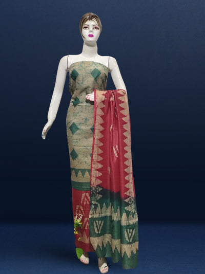 Khadi Cotton Batik Handblock Print GreenSuit Piece with Bottom and Dupatta-Indiehaat