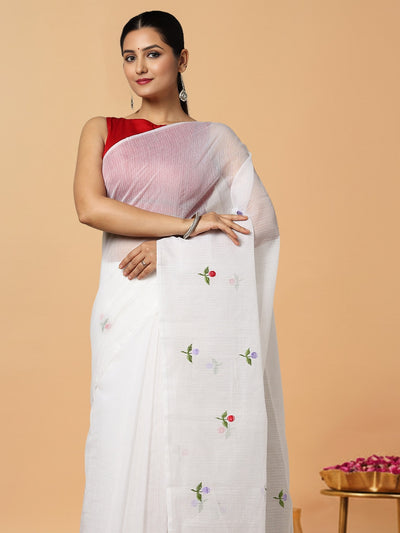 Kota Doria White Saree Allover Embroidery Handcrafted