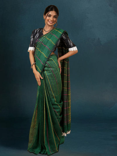 Dreamy Pure Linen Kantha Work Saree Spectra Green